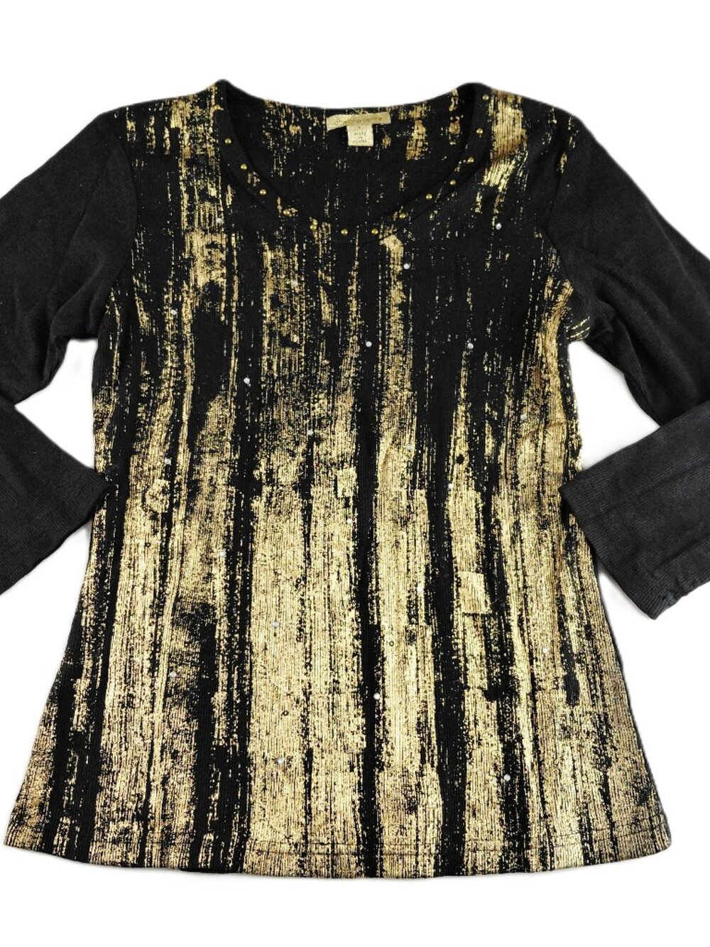 Cha Cha Vente Ribbed Knit Top Women's Small Black Gold Rhinestones Studded